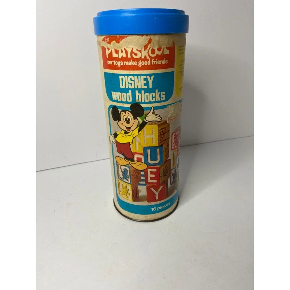 VINTAGE PLAYSKOOL DISNEY WOOD BLOCKS (15) IN ORIGINAL CAN 1974 Toy B1